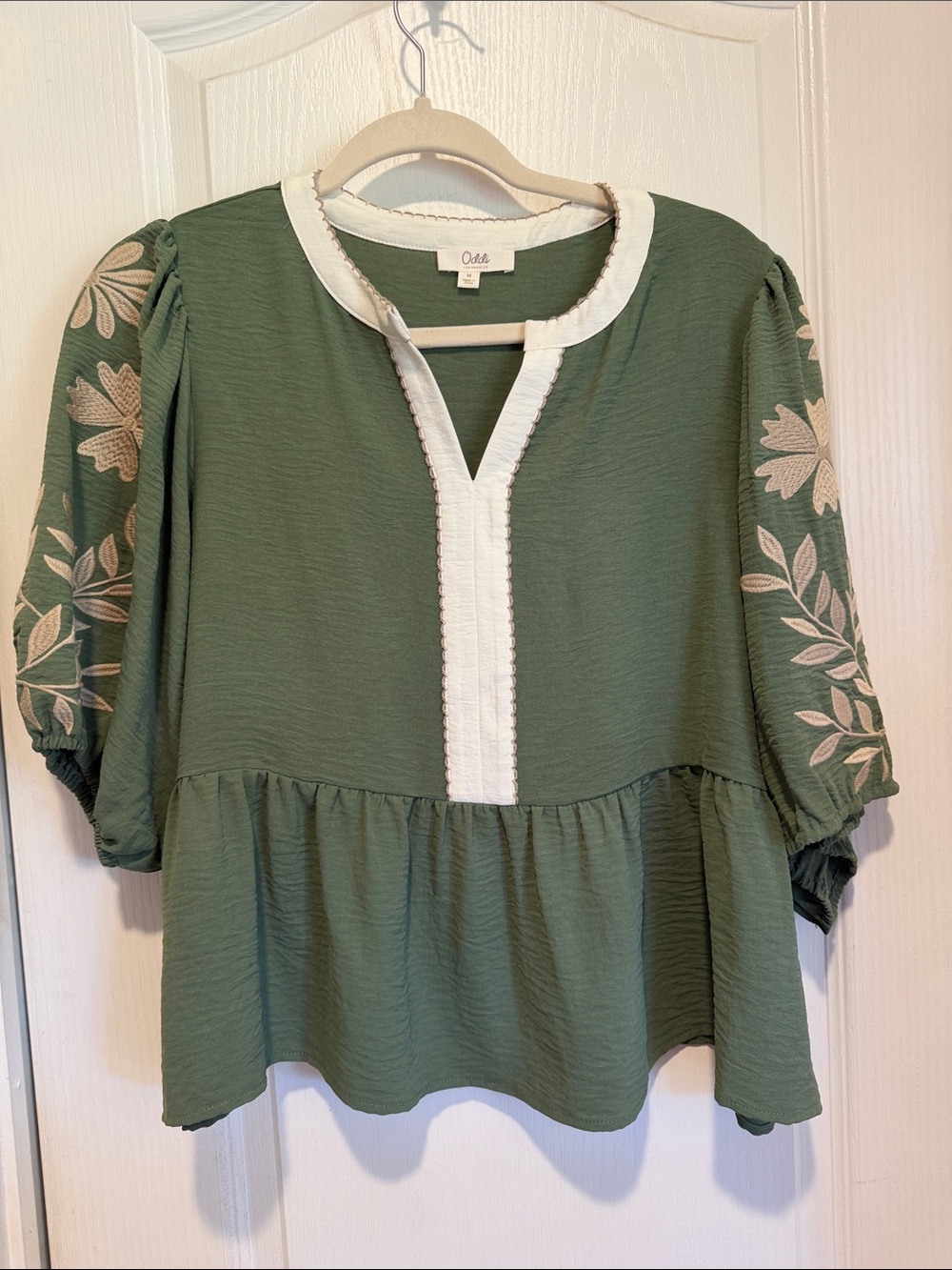 Oddi Green Peasant Blouse with Cream Trim